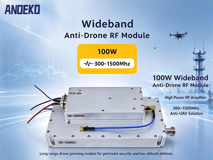 ANOEKO 100W GaN Anti-Drone RF Power Amplifier Module | 300-1500MHz Broadband PA for C-UAS Jamming Sy